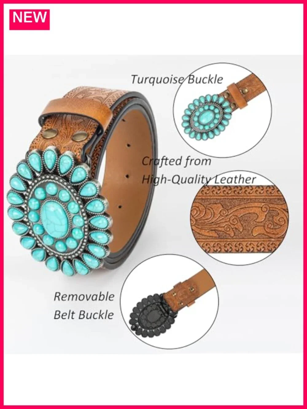 Western Turquoise Buckle Faux Leather Belt for Women Cowgirl Rodeo Country 1.5